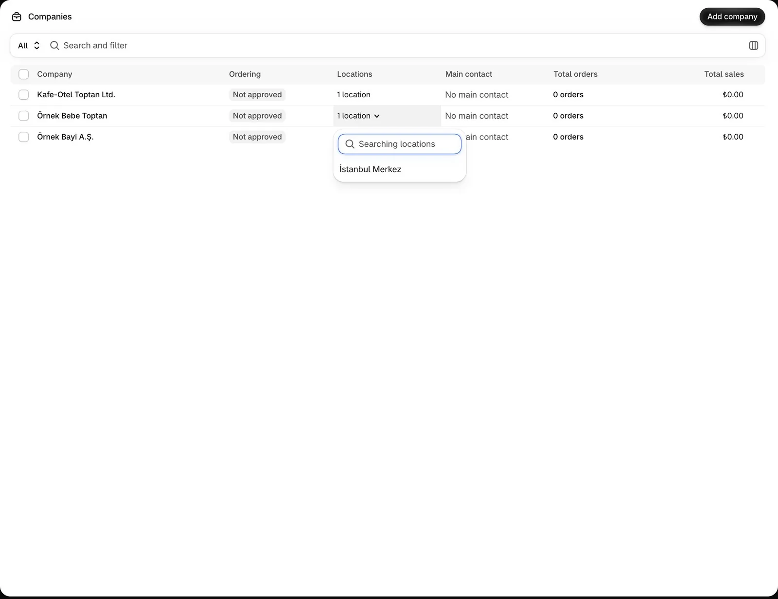 Staff accounts with different ordering permissions and location details on a Shopify B2B company profile