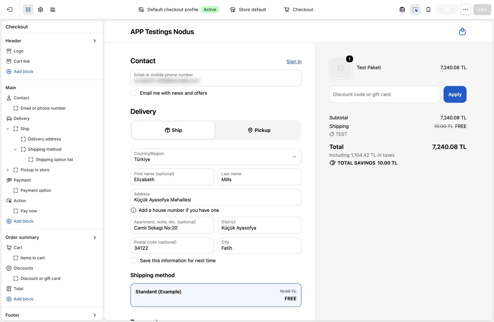 Shopify checkout editöründe Checkout Upsell app bloğunun Order summary içinde Cost summary altına yerleştirilmesi