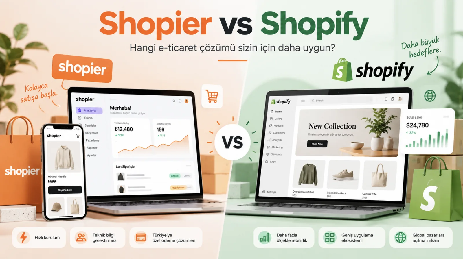 Shopier vs. Shopify: Shopier stands out with quick setup and payment solutions built for Türkiye, while Shopify stands out with scalability, a large app ecosystem, and the ability to expand into global markets