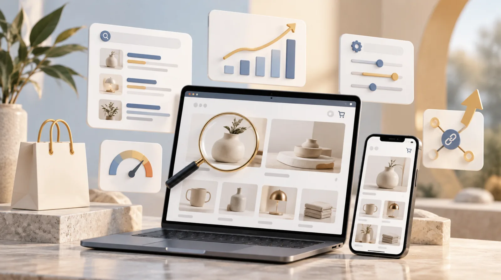 Shopify provides SEO infrastructure out of the box: editable meta fields, automatic sitemaps and canonical tags, and a built-in blog