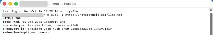 Terminal: curl -I auf die llms.txt-Adresse eines Shopify-Shops mit HTTP 200 und Antwort-Header content-type: text/markdown