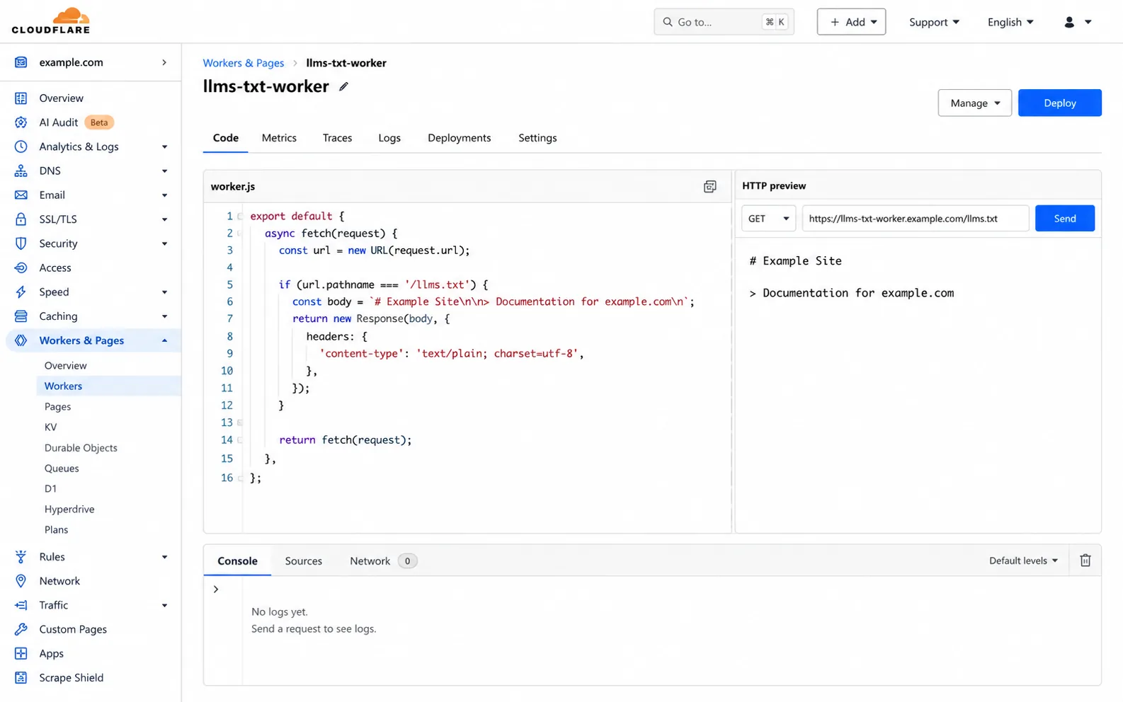 Cloudflare-Workers-Editor: Worker-Code, der Anfragen an /llms.txt beantwortet, und Deploy-Button