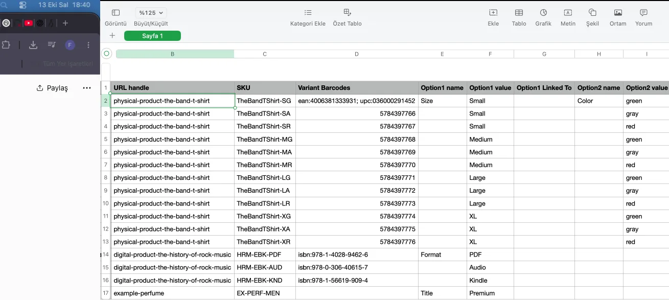 Size variants listed on separate rows under the same handle in a Shopify product CSV template