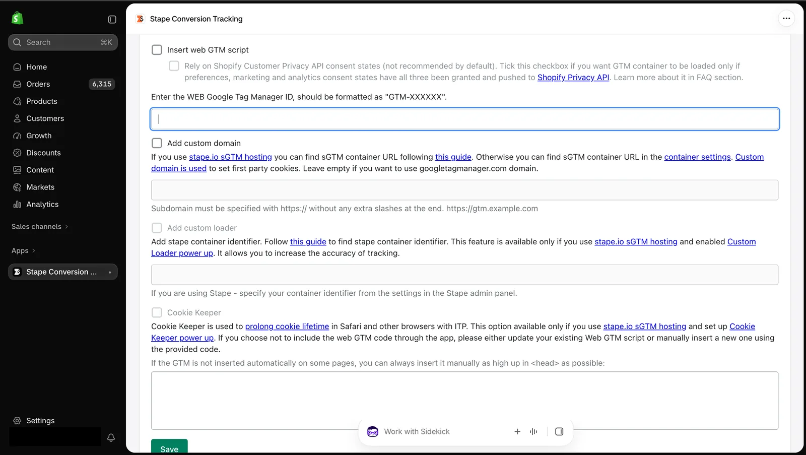 Server GTM URL, Cookie Keeper and purchase webhook settings in the Stape app on Shopify
