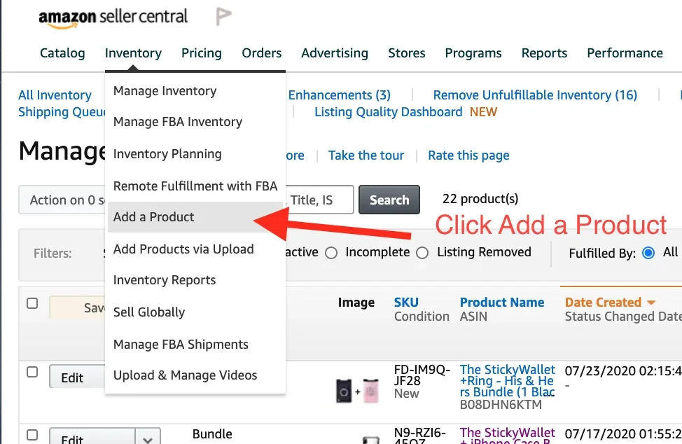 Add a product menu on the Amazon Seller Central inventory screen. ASIN search by EAN is not shown in this frame.