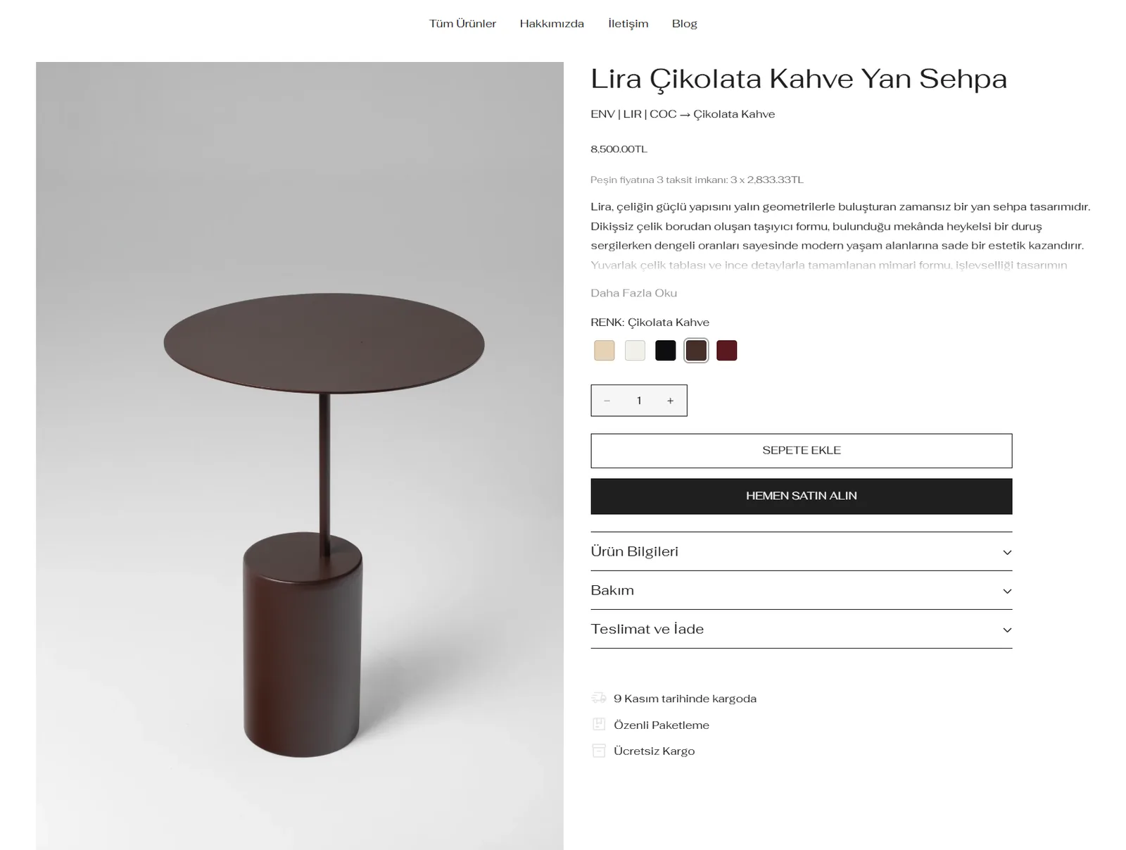 Shopify-Produktseite: unter dem In-den-Warenkorb-Button das voraussichtliche Versanddatum '9 Kasım tarihinde kargoda' (am 9. November versandt), sorgfältige Verpackung und kostenloser Versand