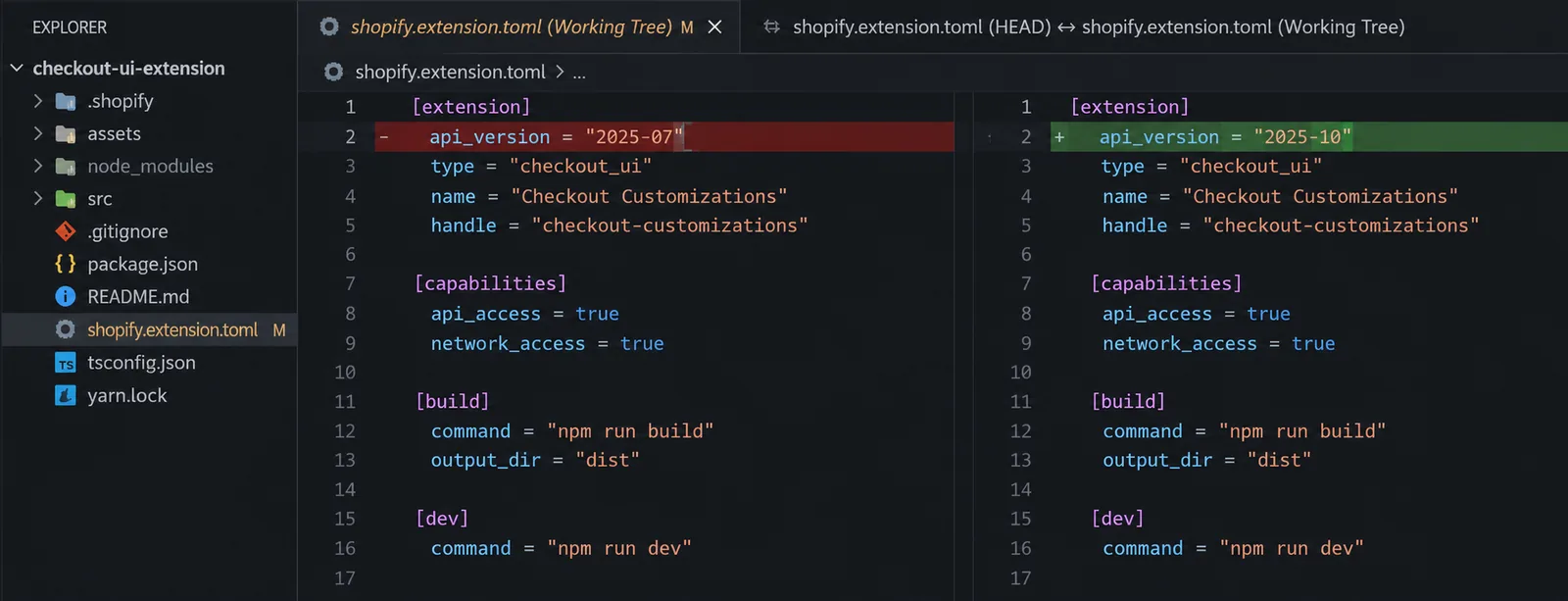 Checkout UI extension toml file moving api_version from 2025-07 to 2025-10 and switching from React to a Preact dependency