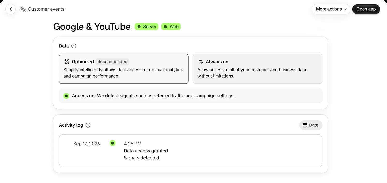 Shopify Settings > Customer events: verbundenes Google & YouTube-Pixel und benutzerdefiniertes Web Pixel