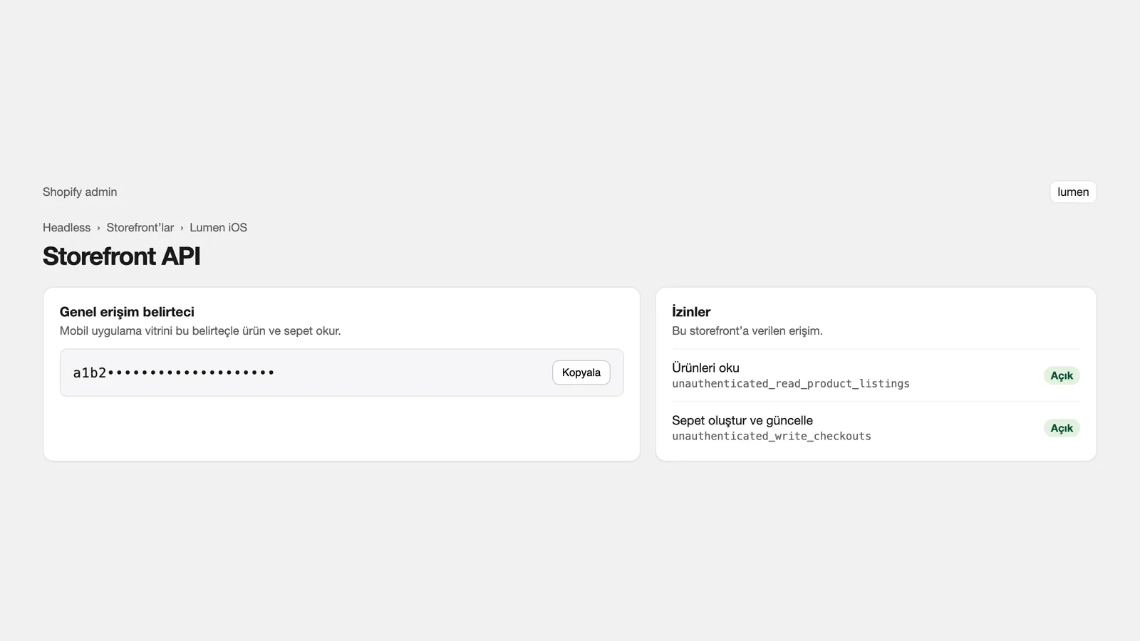 Im Shopify-Kanal Headless für die mobile App erstelltes Storefront-API-Zugriffstoken mit Berechtigungen
