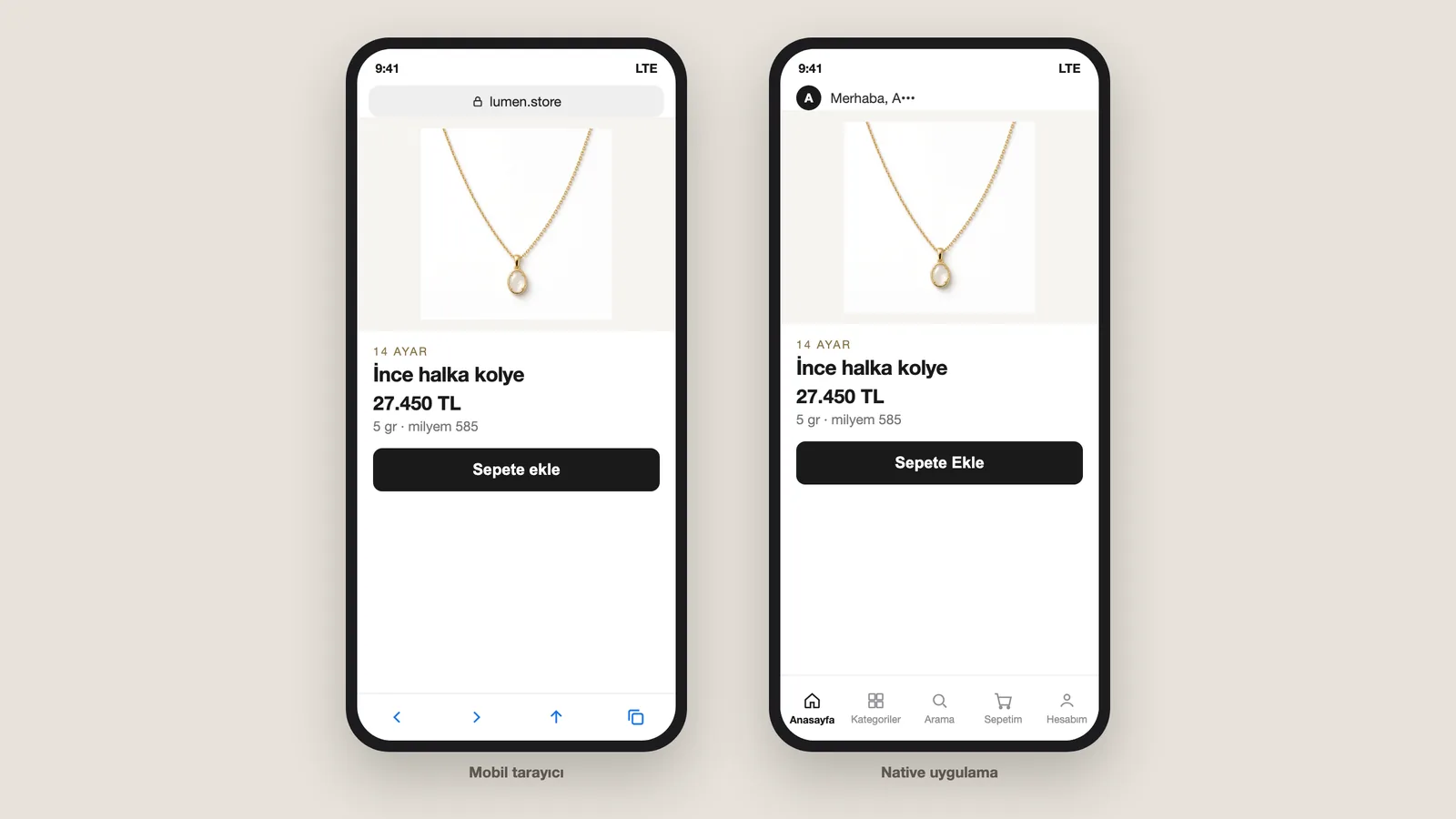 Responsive Website im mobilen Browser und native mobile App desselben Shopify-Shops nebeneinander