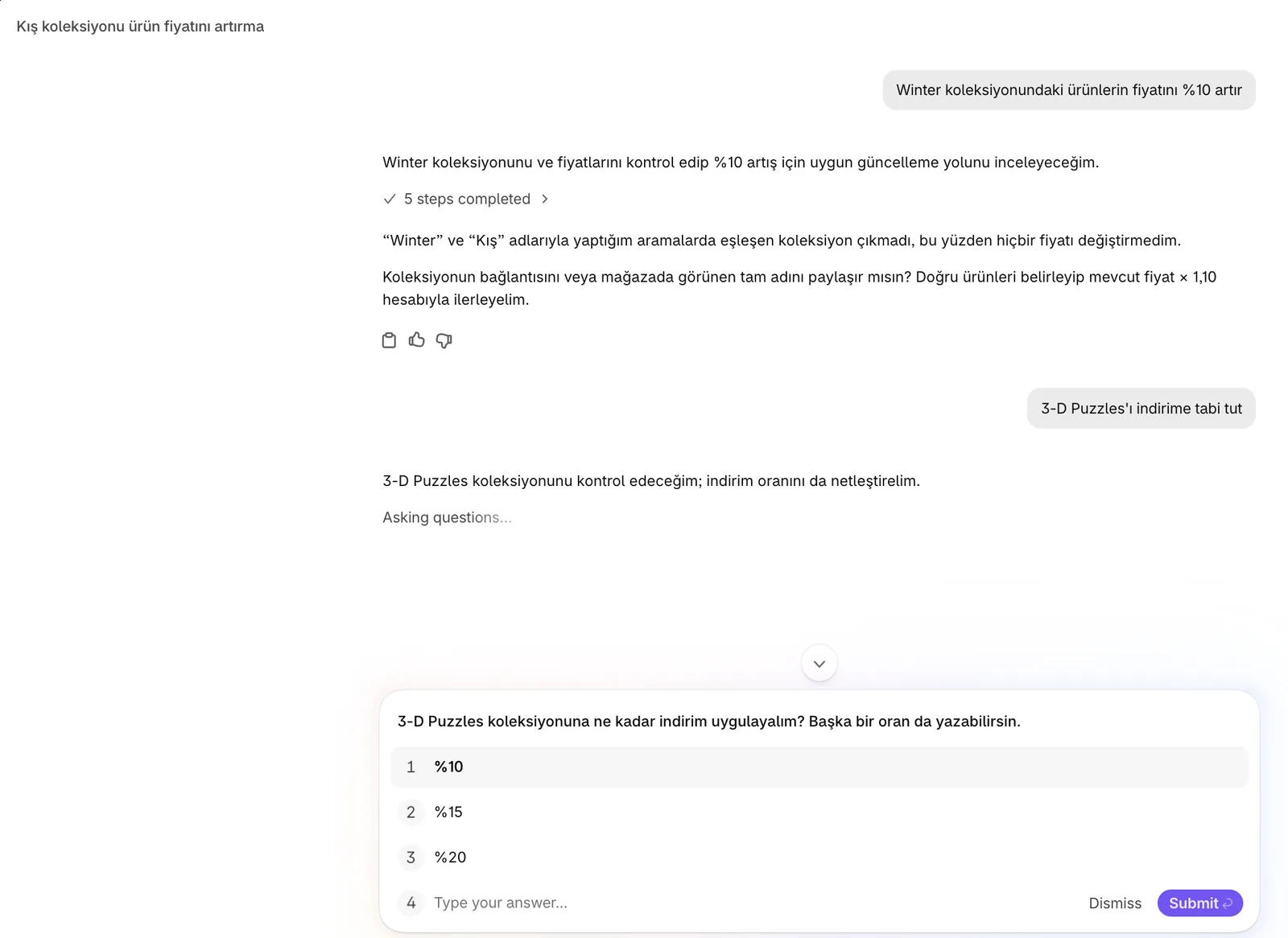 Preview and approval step Shopify Sidekick shows before applying a bulk price change
