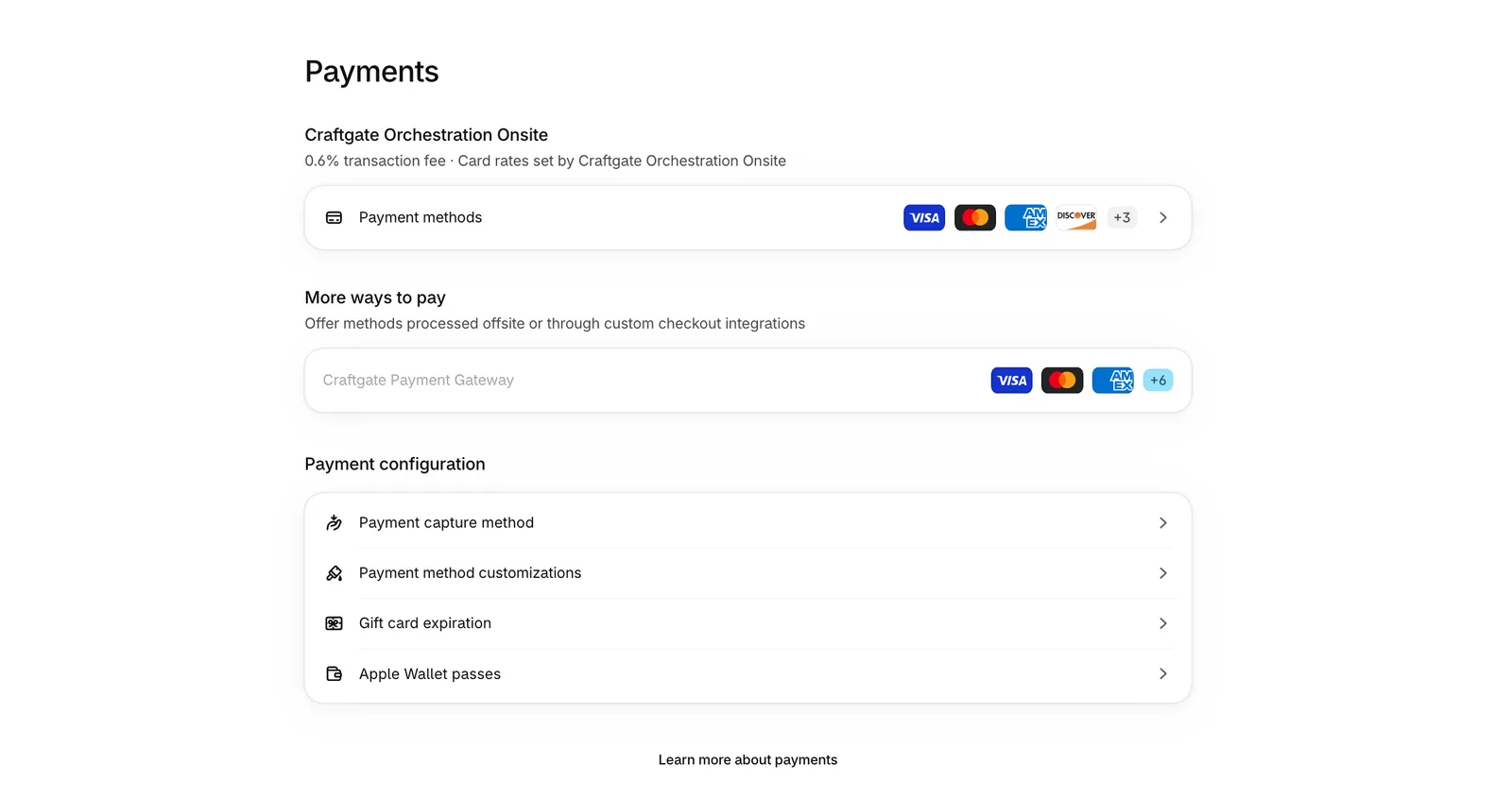 Shopify admin > Settings > Payments: ödeme sağlayıcısı olarak listelenen Craftgate Orchestration Onsite
