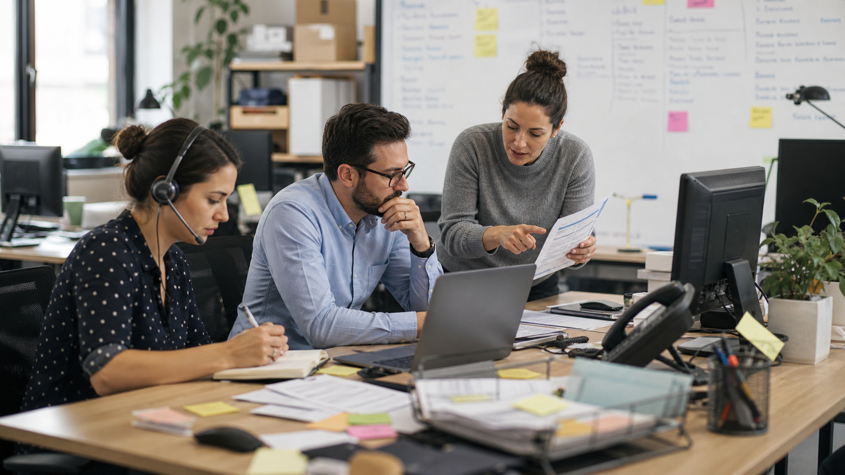 Two accountants reviewing vendor invoices at a busy desk with folders, calculator, and laptop