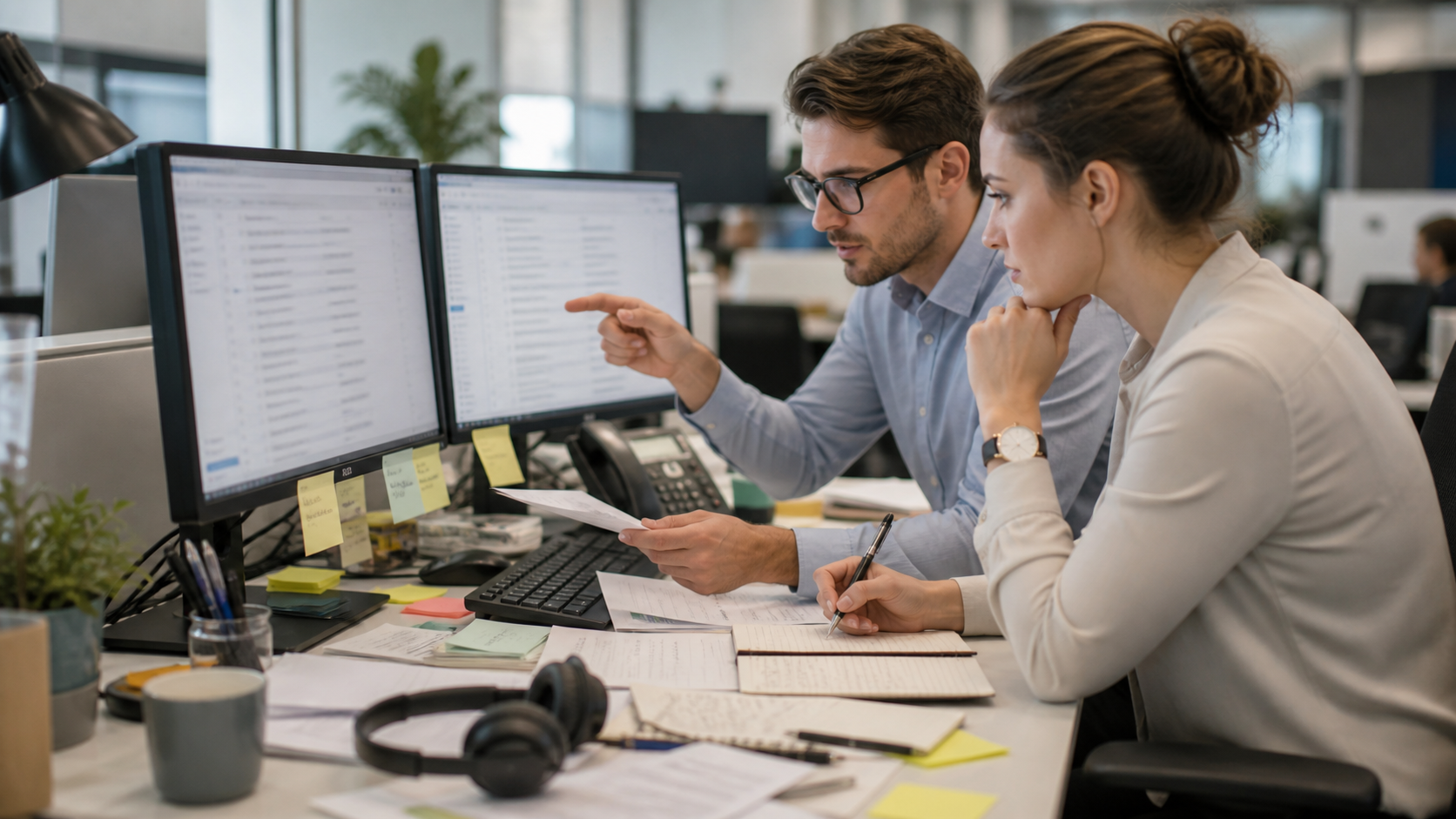 Two accountants reviewing vendor invoices at a busy desk with folders, calculator, and laptop