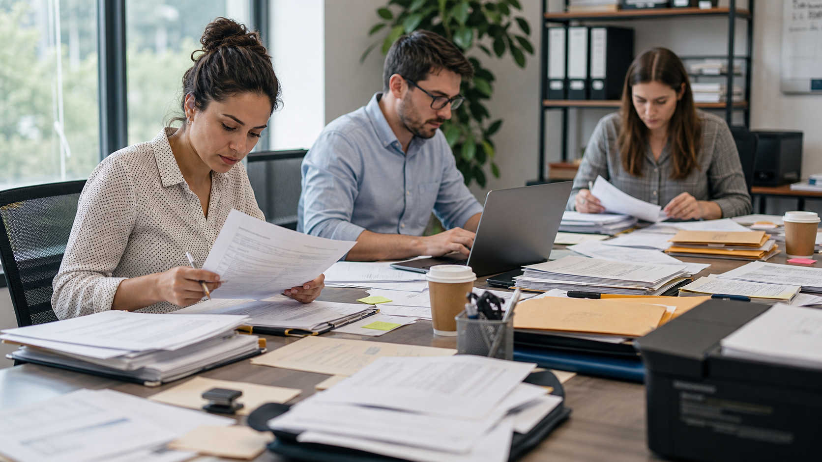 Two accountants reviewing vendor invoices at a busy desk with folders, calculator, and laptop