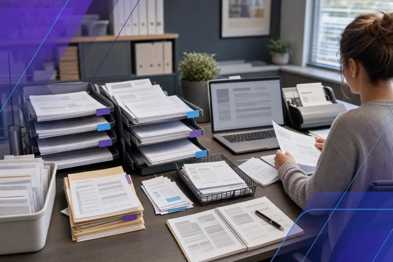 Organized office document intake and approval workflow with papers, trays, scanner, and laptop in a modern workspace, illustrating AI document processing for mid sized businesses.