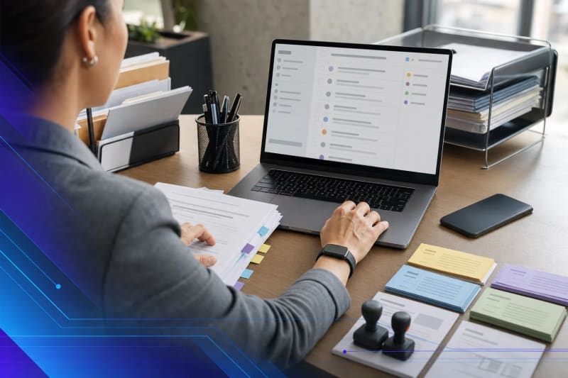 Operations manager triaging a shared inbox workflow at a desk with organized intake documents, routing cards, and a laptop showing a blurred email queue in a modern office.