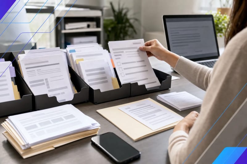Workflow optimization concept for SMB teams showing organized document intake, approval routing, and back-office task sorting in a modern office with subtle ClearGuide AI brand accents.
