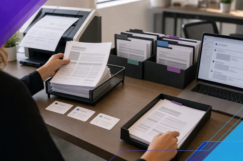 Editorial workspace scene showing organized contract documents moving through an intake and approval workflow, representing AI contract intake automation for SMB operations teams.