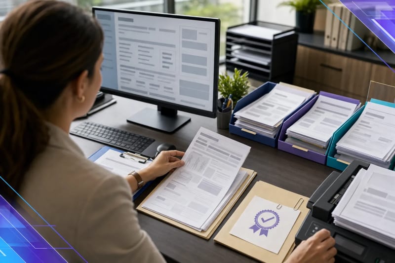 Insurance claims specialist processing incoming claim documents with organized intake, validation, and routing materials in a modern office, illustrating AI document processing for insurance claims.