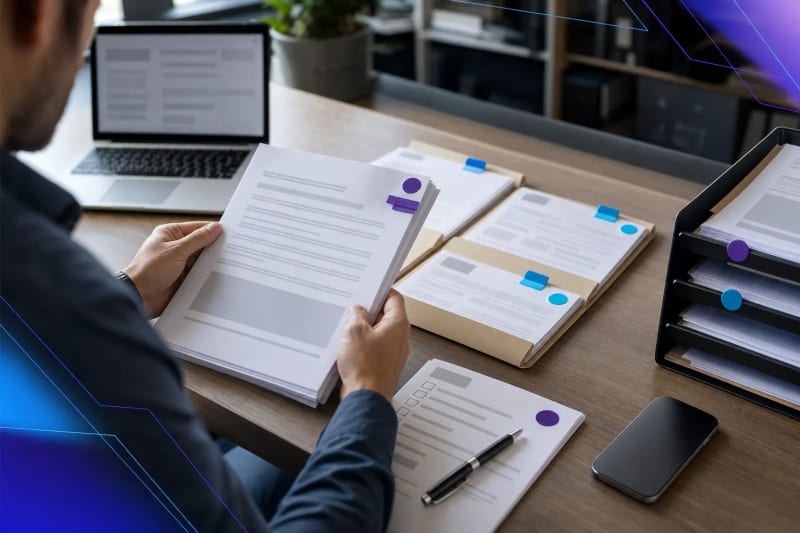 Over-the-shoulder view of a manager reviewing an organized contract approval workflow with routed documents, checklist materials, and staged approval folders in a modern office.