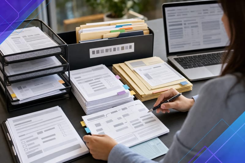 Accounts payable workflow scene with invoices, approval routing materials, and exception folders on a finance operations desk, representing when to hire an AP workflow automation consultant.
