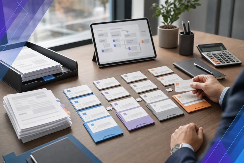 Editorial photo of an accounts payable workflow desk with invoices, approval routing materials, and process handoff tools illustrating the choice between AP automation software and consultant-led workflow design.