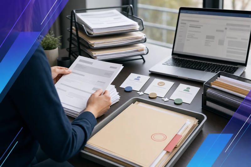 Organized accounts payable workflow desk with invoice intake, approval routing, and exception handling materials in a modern office, illustrating AP workflow automation consulting.