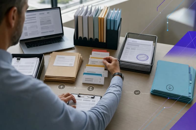 Finance operations manager reviewing a structured accounts payable approval workflow with invoices, intake folders, and routing materials in a modern office.
