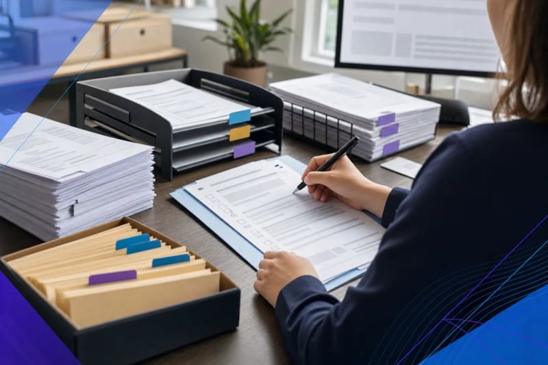 Human-in-the-loop document processing workflow with organized intake papers, review queue, and approval handoff in a modern business operations setting.