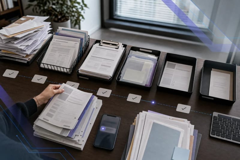 Editorial still life of routed office paperwork, intake trays, and approval folders showing workflow bottlenecks and process handoffs in a modern business setting.