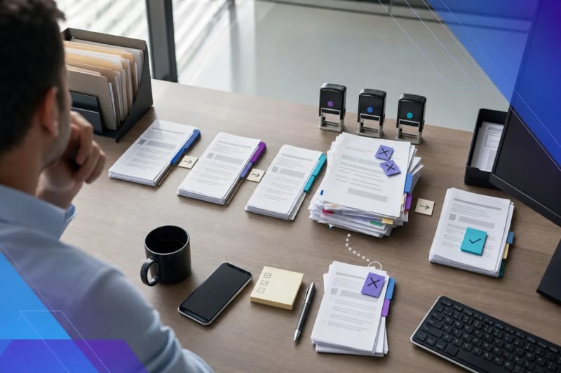 Editorial desk scene showing a bottlenecked document and approval workflow with organized folders, routed packets, and manual process friction, illustrating workflow optimization mistakes in a business operations setting.