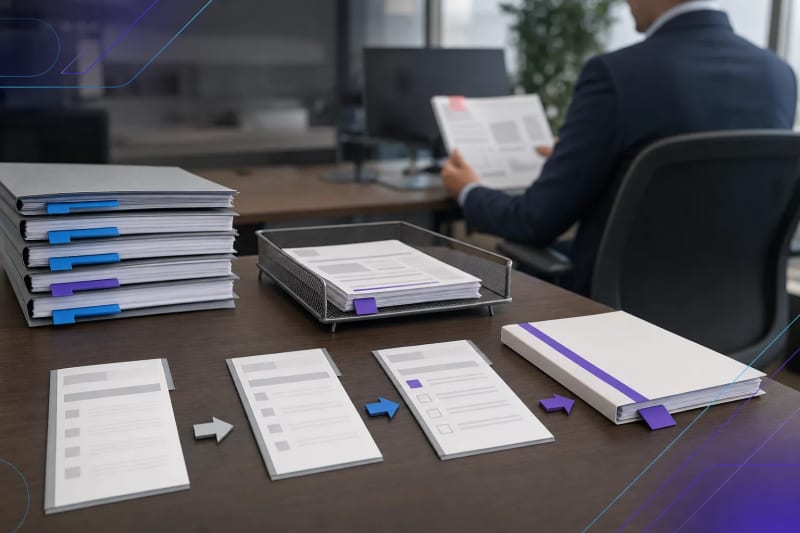 Organized office review desk with a separated exception queue, approval materials, and routed documents illustrating exception workflow automation for faster business reviews.