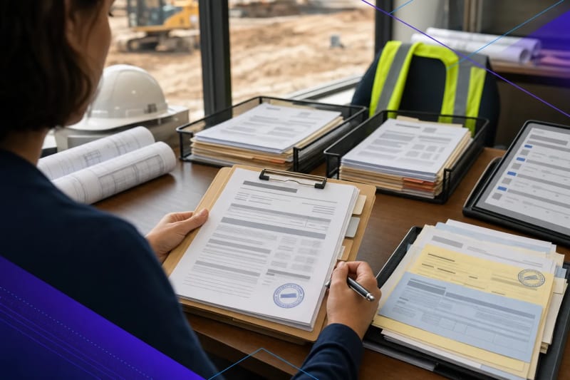 Construction project office desk with organized pay application backup documents, approval routing materials, and subtle automation-themed brand accents for a guide on construction pay app backup automation.