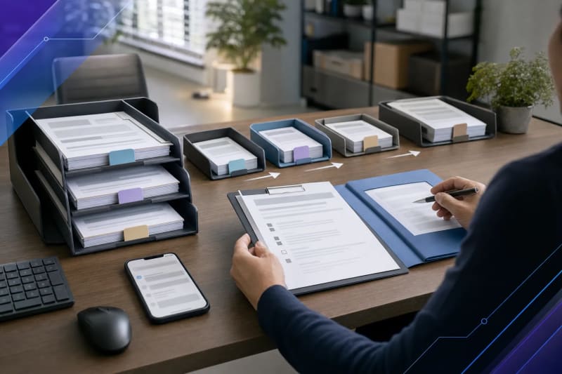 Editorial photo of a small-business customer onboarding workflow with intake documents, approval routing trays, and CRM handoff materials in a modern office, representing AI customer onboarding automation.