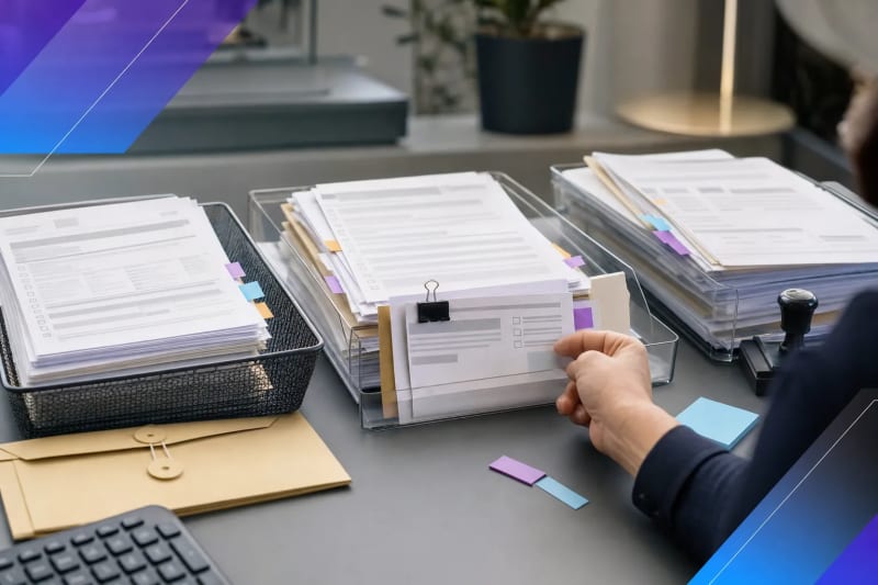 Financial operations team member sorting exception review documents in an organized intake and approval workflow with subtle blue and purple brand accents, representing NIGO workflow automation.