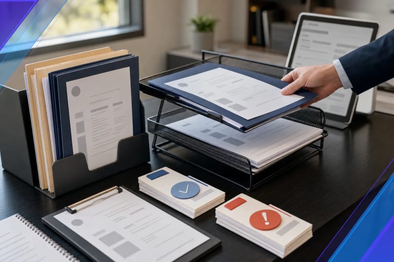 Editorial photo of a supplier onboarding workflow with intake documents, approval routing materials, and human review cues in a modern finance office setting.
