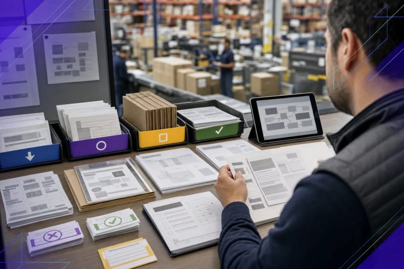 Operations manager reviewing organized retail compliance documents and approval workflow materials in a logistics fulfillment office, illustrating retail compliance review automation.