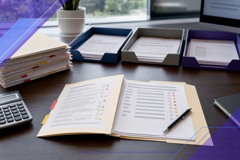 Editorial image of a lending operations desk with loan files, covenant review checklists, exception markers, and approval routing materials representing loan covenant tracking automation with human review.