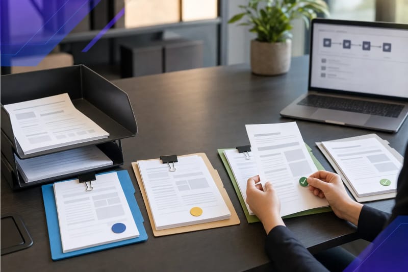 Editorial office scene showing a small business document intake automation pilot with organized paper workflows, approval routing, and subtle brand-colored design accents.