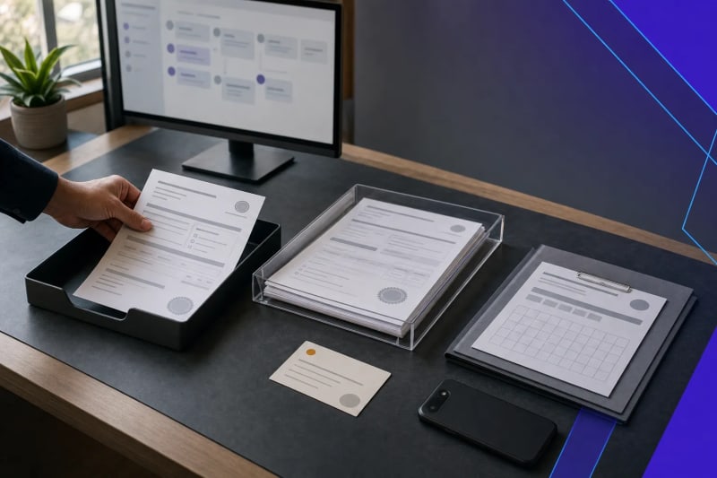 Certificate of insurance tracking workflow with organized intake documents, renewal materials, and exception review tray on a modern operations desk.