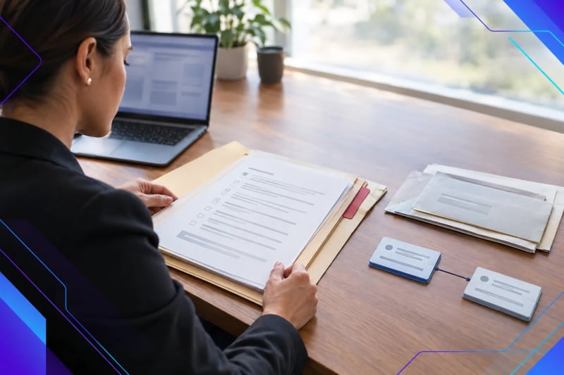 Title and escrow operations specialist reviewing a structured closing exception packet with document checklist and approval handoff materials.