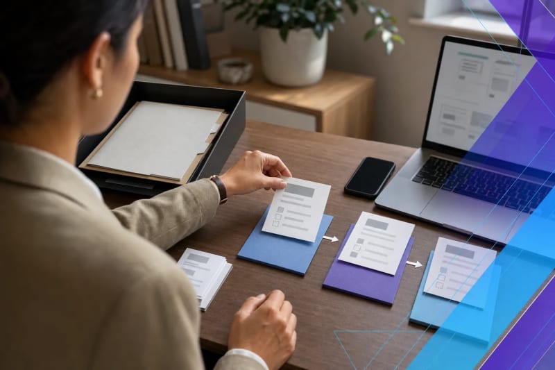 Small-business operations manager routes document intake and approval materials across an organized desk, illustrating AI automation consulting for small business workflows.