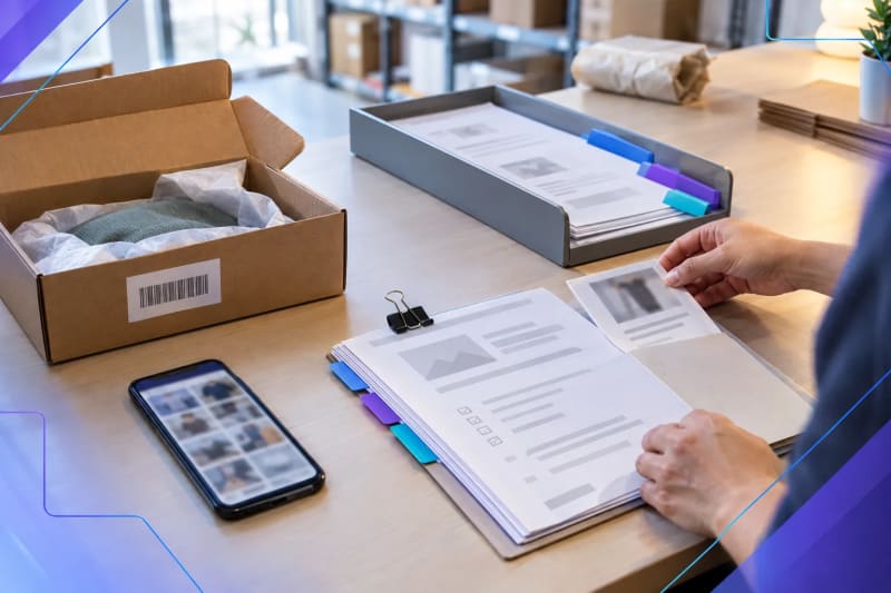 Organized returns documentation packet, evidence photos, shipping box, and workflow materials at a fulfillment operations workstation.