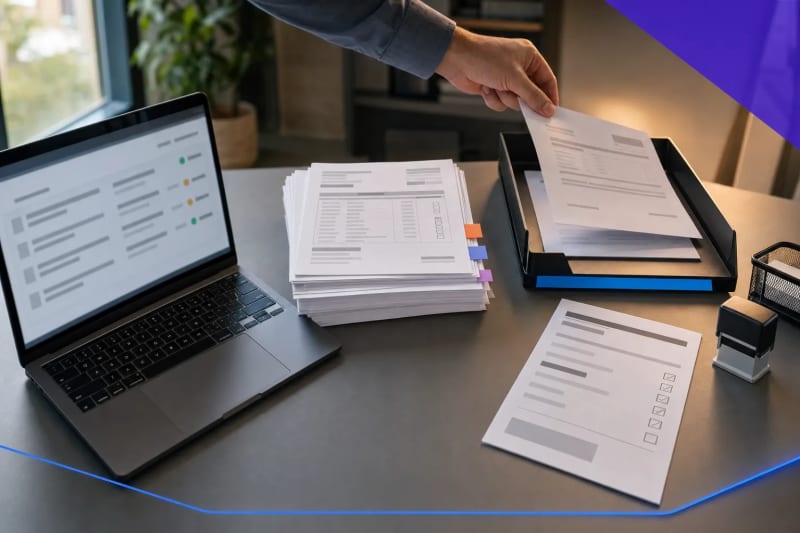 Accounts payable invoice workflow automation pilot scorecard with organized invoice intake, approval routing materials, and audit-control checklist on a modern operations desk.