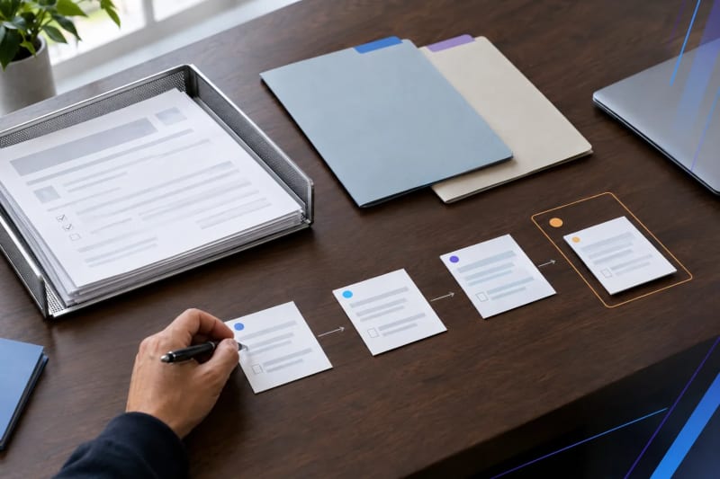 Exception management workflow materials with intake documents, routing cards, and a separated review exception item on an SMB operations desk.