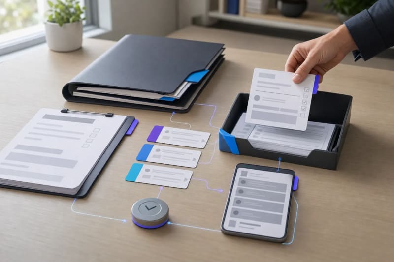 Organized client intake documents, routing cards, and an approval tray illustrating CRM data entry automation for sales-to-operations handoffs.