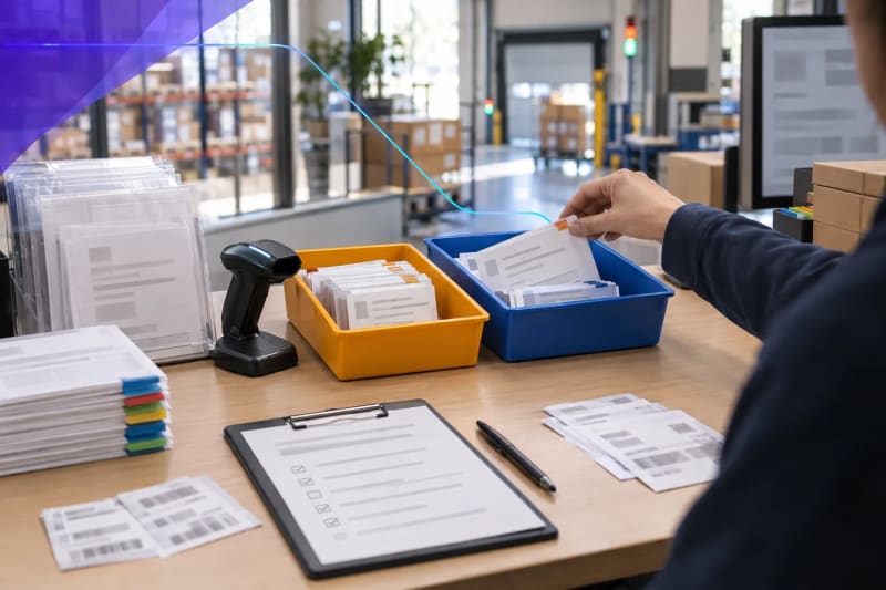 Human-reviewed logistics exception workflow with routing trays, shipping documents, and fulfillment materials for 3PL inbox automation.