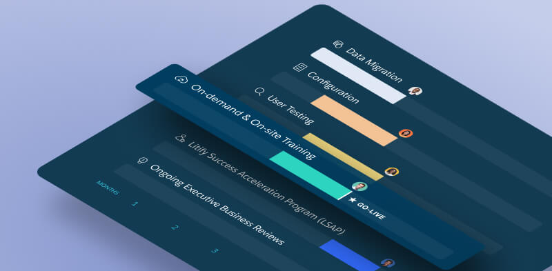 Project Implementation Dashboard Showing Migration, Configuration, Testing, Training, and Go-Live Progress