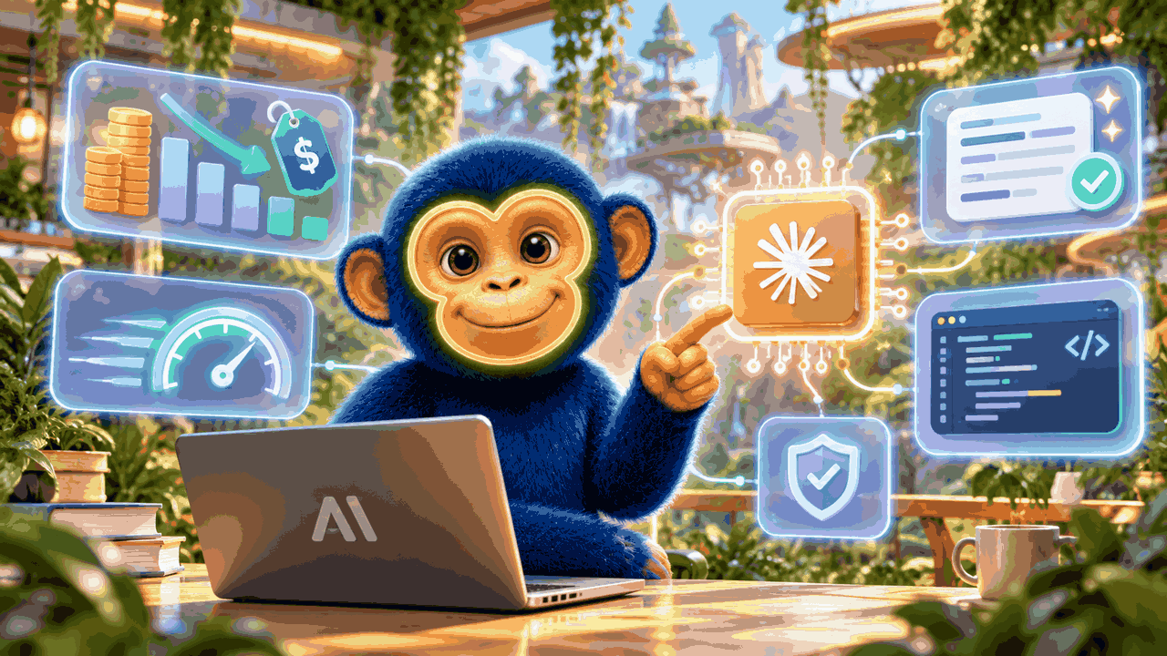 AI Monkey pekar på en glödande AI-chip omgiven av symboler för pris, hastighet, kod och säkerhet, i en djungel-coworkingmiljö – illustration till artikeln om Claude Opus 5.5